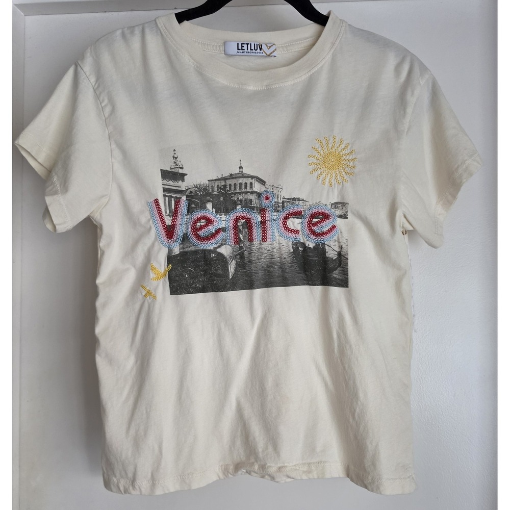Letluv Anthropologie Venice Italy Sequin Tee - Off-White - Size XS - Travel Chic